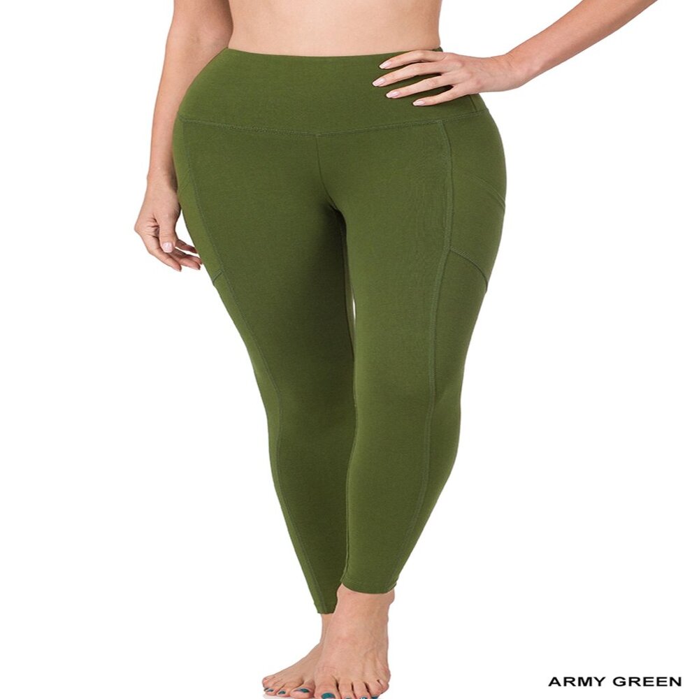 WIDE WAISTBAND POCKET LEGGINGS SOFT COTTON/POLY SPANDEX ARMY GREEN L & XL